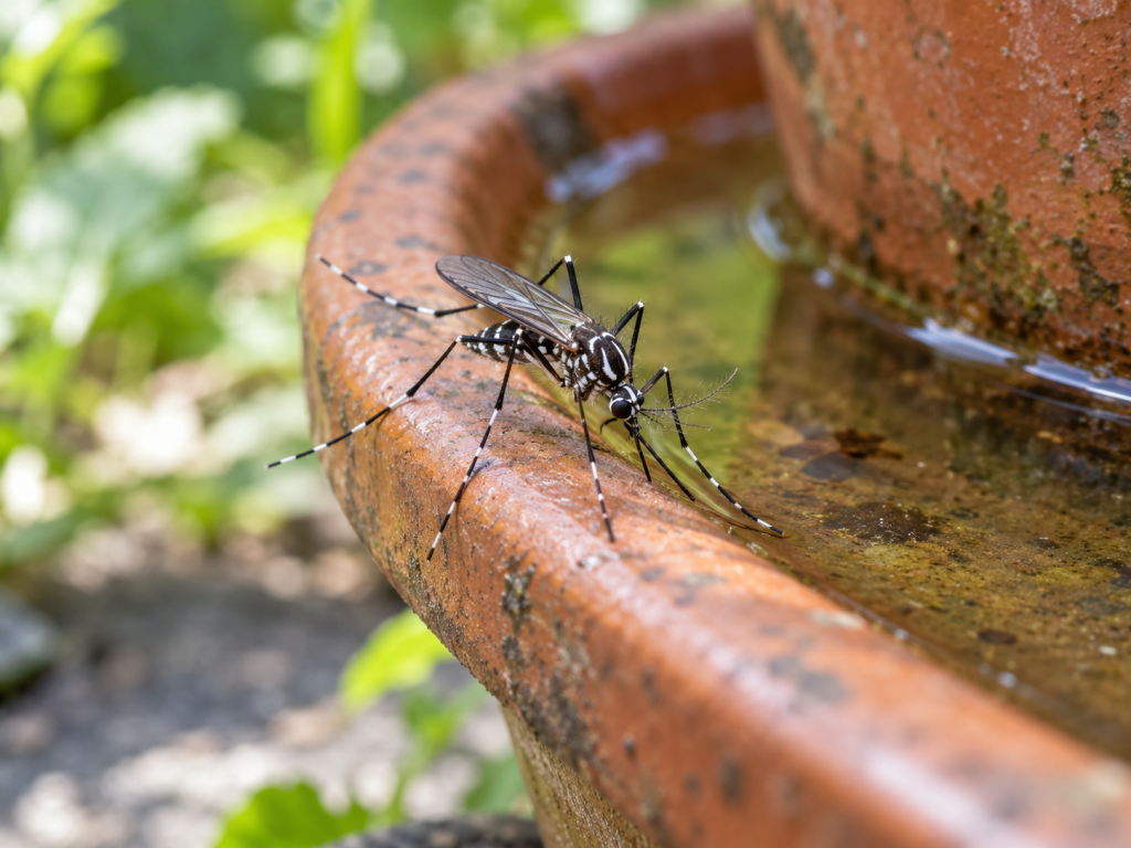 Mosquito Aedes aegypti com listras brancas nas pernas, transmissor da dengue