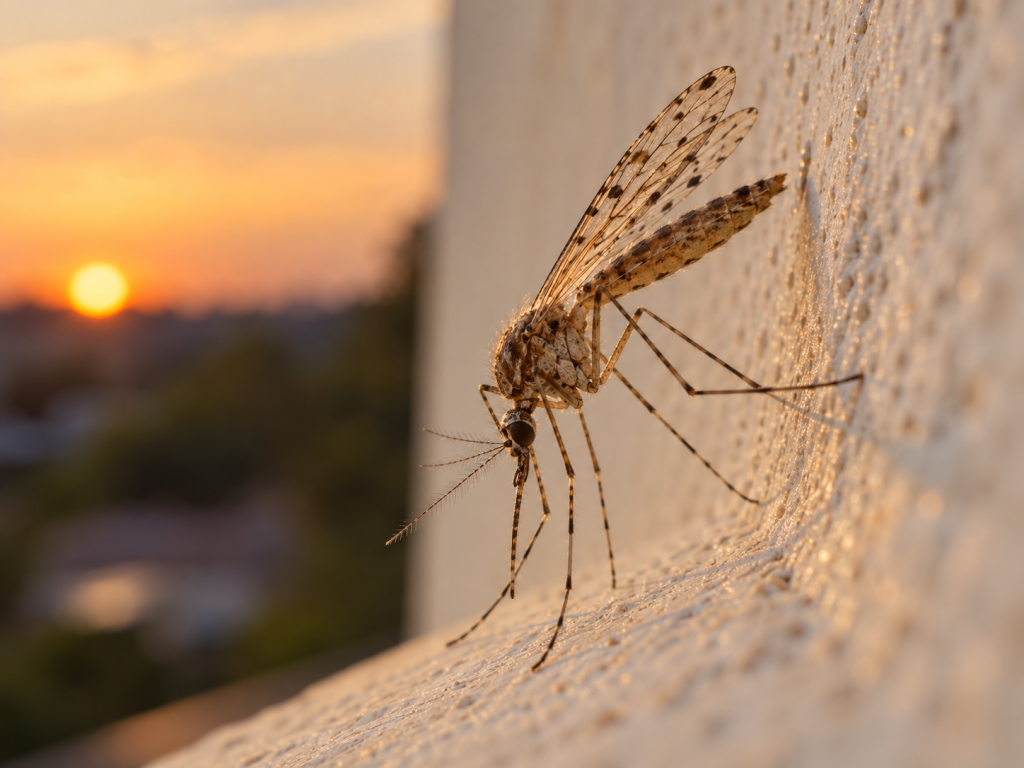 Mosquito Anopheles em postura inclinada, transmissor da malária