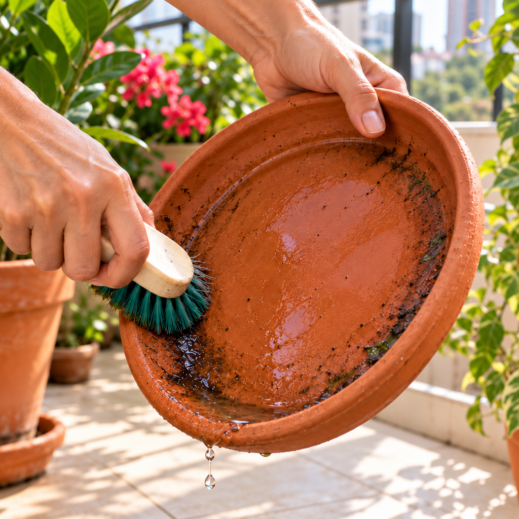 Eliminando água parada em pratos de vaso para prevenir mosquitos